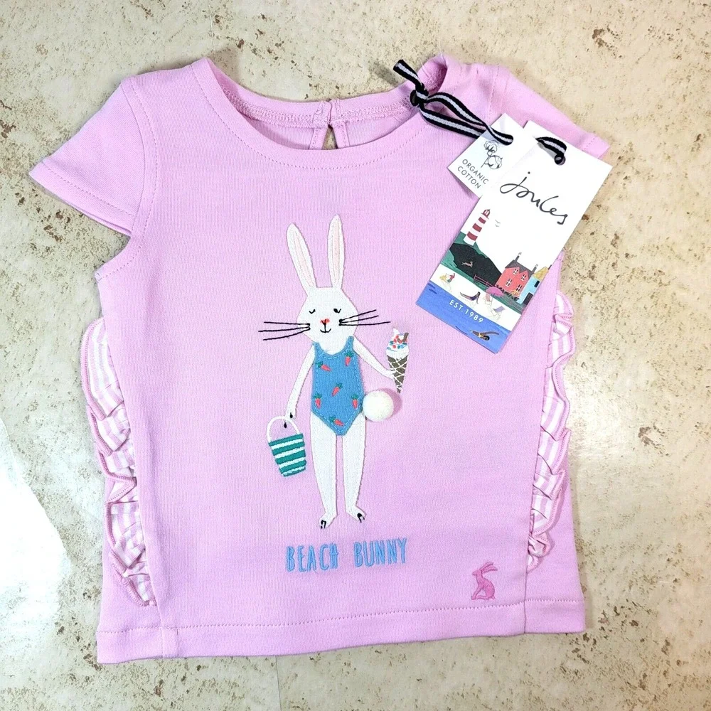 Joules Paula Beach Bunny 2 Piece Pink Short Sleeve Top Stripe Pant 3 Mnth 10-14#